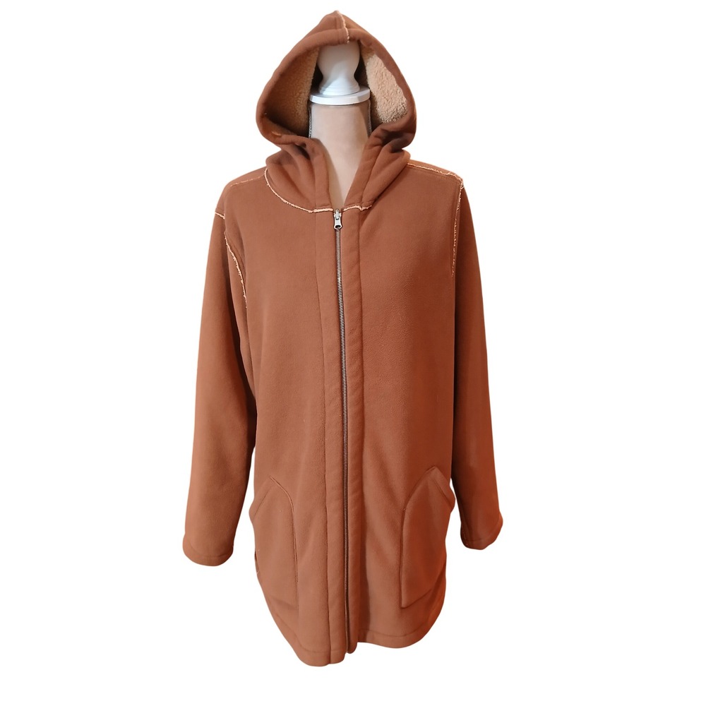 Susan Graver Weekend Women's Brown Fleece Hooded Jacket Coat Size L Reversible